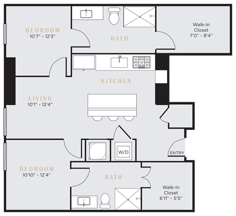 Floor plan for 2 beds, 2 baths, 1090 sqft